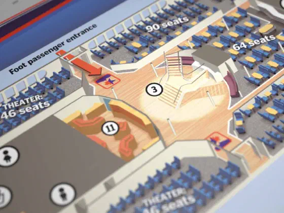 Detail of 3D illustration of seating and stairwell of ferry.