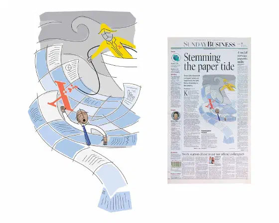 Line-art illustration of a fisherman saving a man in a suit from a see of paper.