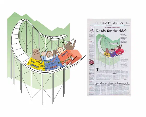 Line-art illustration of a roller coaster with a bull in front and bear in back covering its eyes.