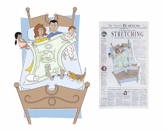 Line-art illustration of a family in a bed trying to stretch a dollar as a bedcover.