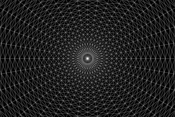 Radiating pattern of triangles arranged in a large quadrilateral, with pattern of white stroke and black background.