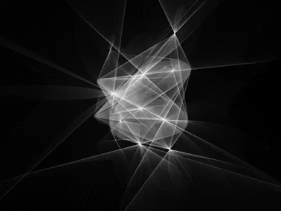 Black and white image with curves, and lines converging on star-like points all clustered near the center.