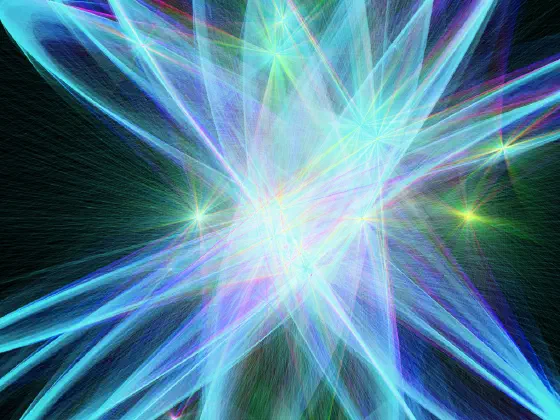 Many cyan and blue curves swirling around a few green star-like points near the bright center of overlap.