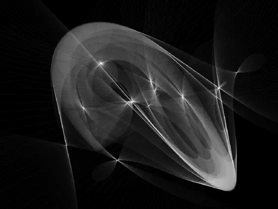 Black and white image of curves and star-like points with large curves near bottom right and top left.