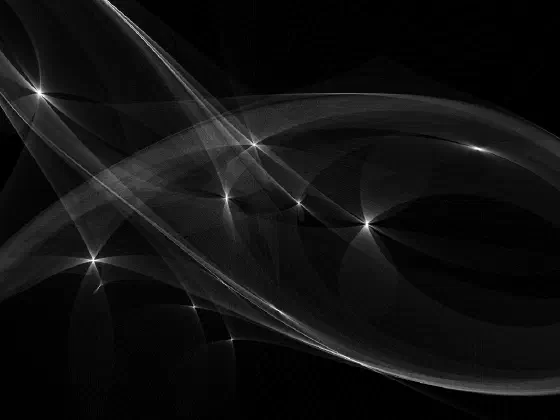 Black and white image of lines converging on star-like points with two sweeping curves, one from the upper-left to bottom right and another from upper right to center left.