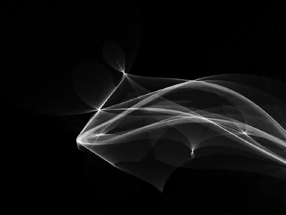 Black and white image of lines and curves, convering on star like points, snaking from right center to middle.