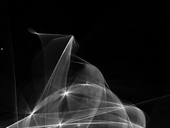 Black and white image of curves emerging from the bottom and reaching about a third of the way up. A few ray-like lines converging at star-like points.