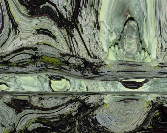 Abstraction with black and green tones formed from distorted reflections suggesting a landscape.