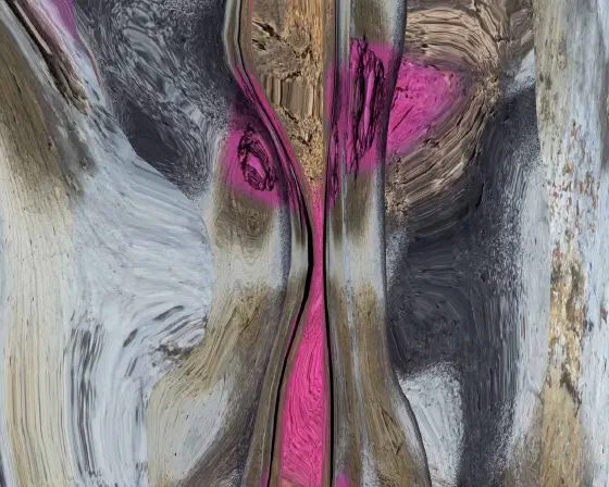 Abstraction with white, tan, gray and pink tones formed from distorted reflections with strong vertical pinch in center.