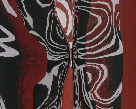 Abstraction dark red tones with white stripes formed from distorted reflections with strong vertical pinch in center.