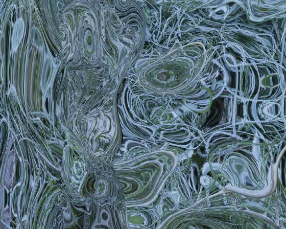 Abstraction with with a web of cool white lines on dark green formed from distorted reflections.