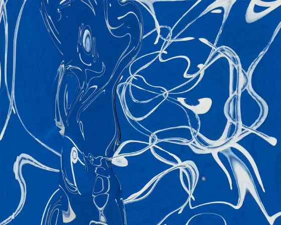 Abstraction with royal blue background with clean liquid white lines formed from distorted reflections.