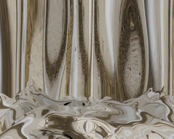 Abstraction with tan, brown and white tones with strong vertical distortion at top and turbulent distortions near the bottom.