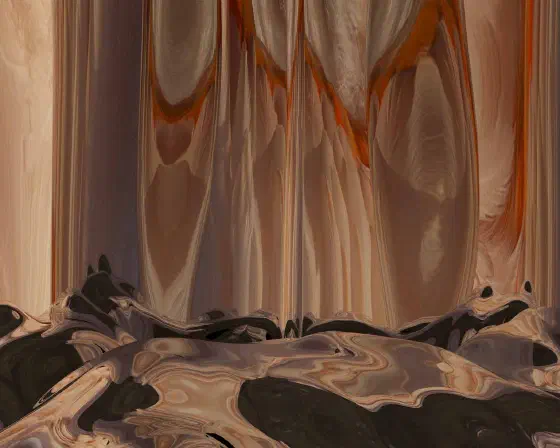 Abstraction with pinks, peach and black tones with strong vertical distortion at top and turbulent distortions near the bottom.
