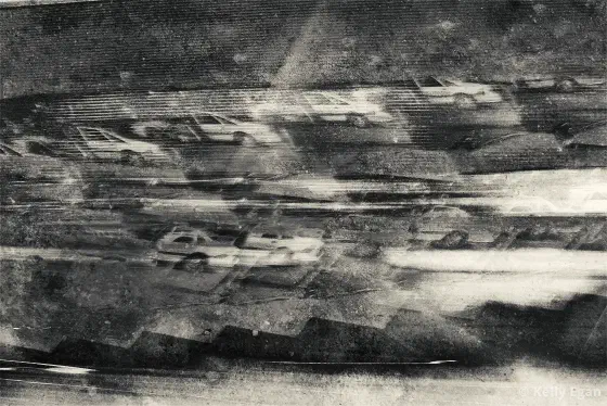 The image is filled with small horizontal stripes and the repeating image of a car, possibly a police car